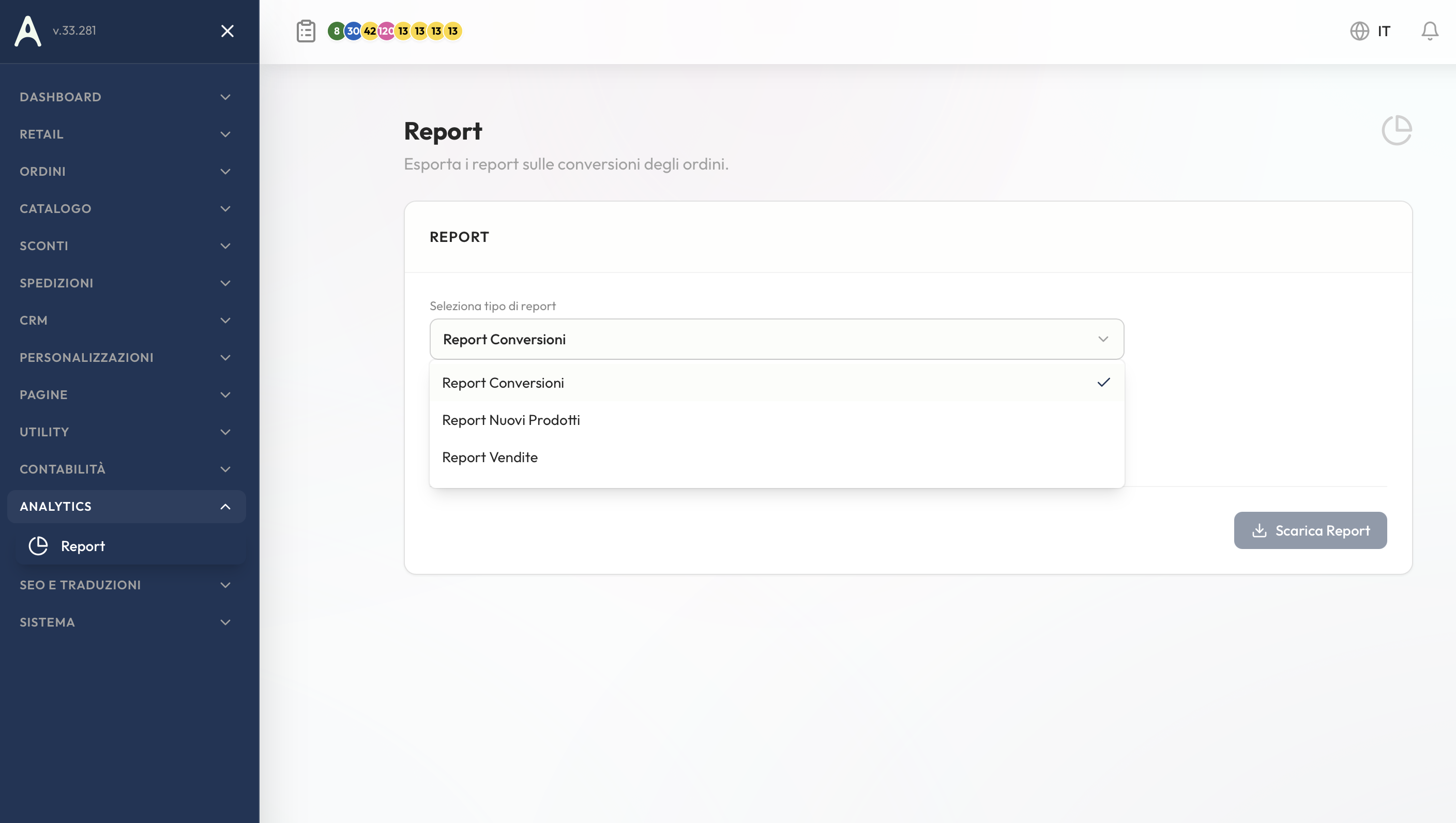 Report conversioni, nuovi prodotti, vendite con filtri brand/collezione/categoria