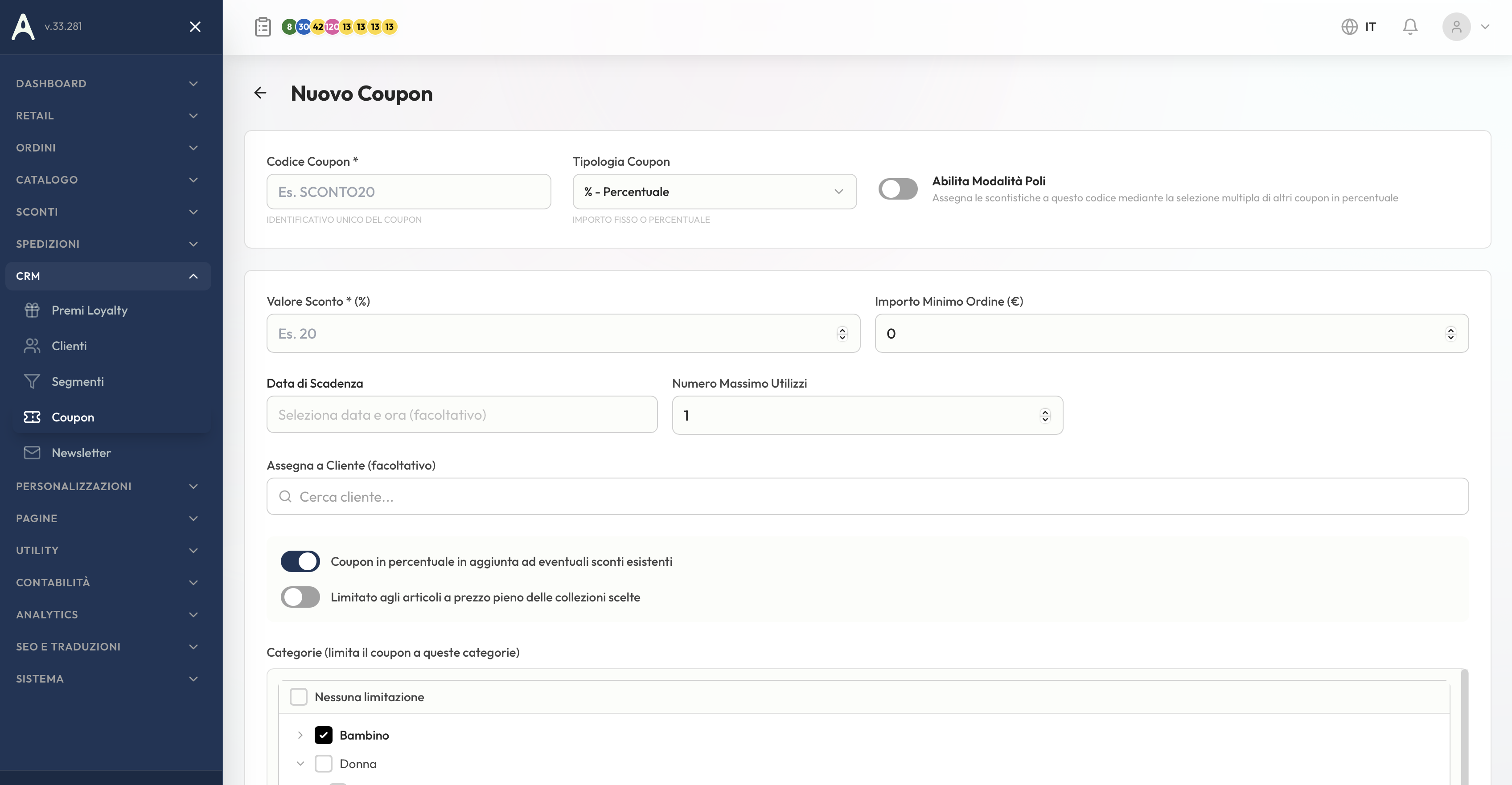Form coupon con modalità poli e target categorie