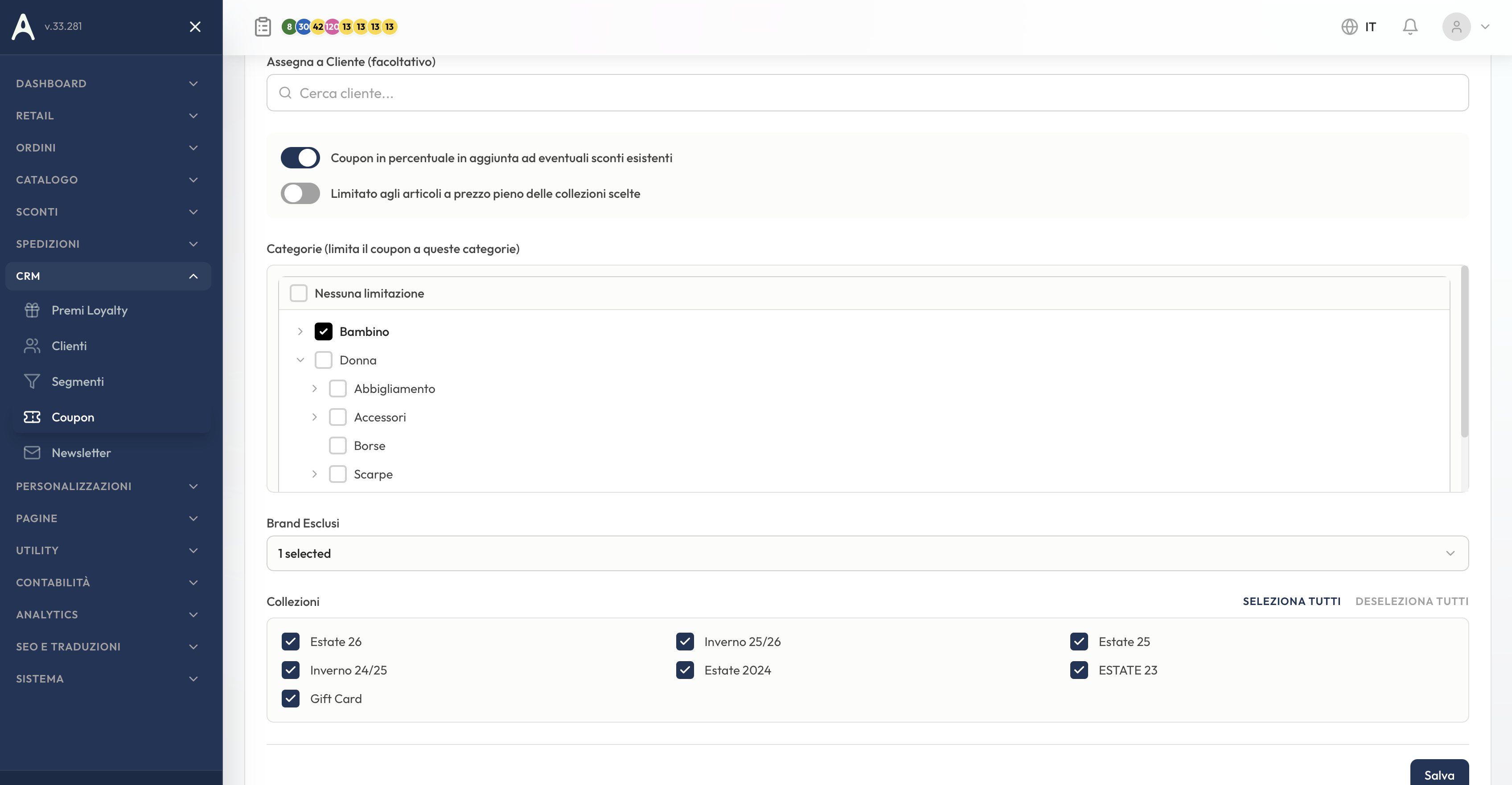 Form coupon con modalità poli e target categorie