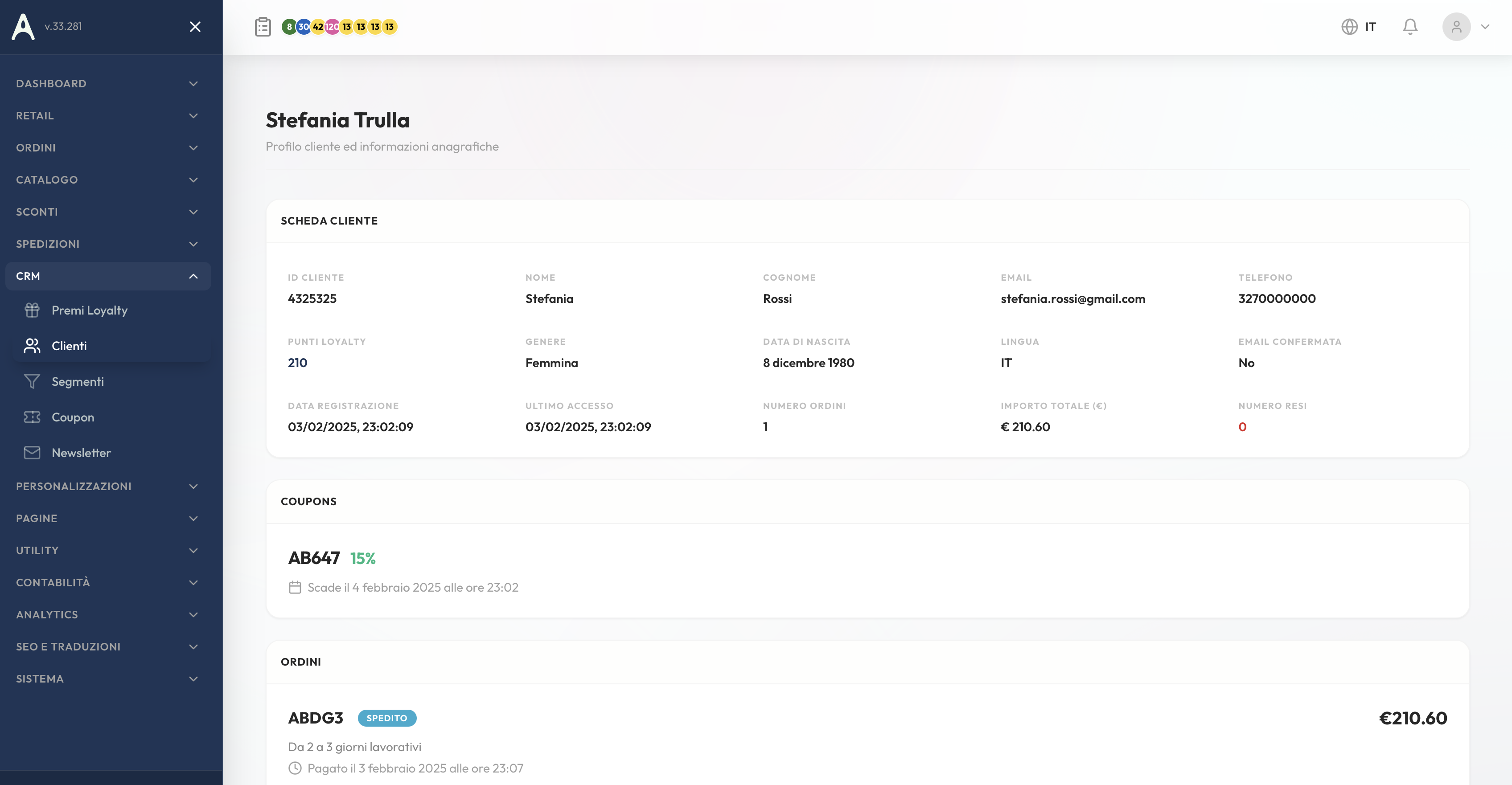 Scheda cliente con ordini, coupon e consensi