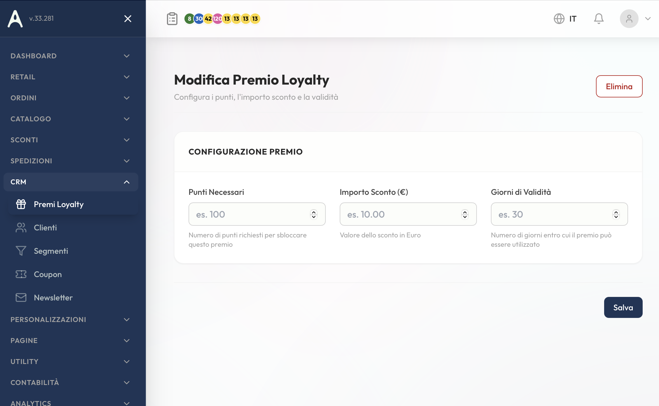 Configurazione premi loyalty a punti
