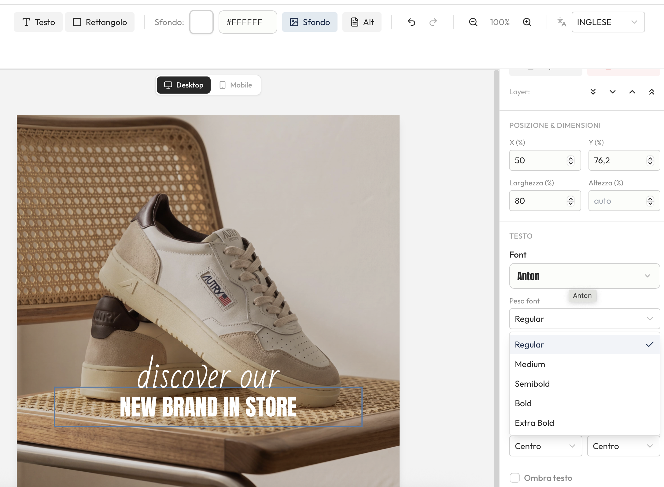 Designer banner con canvas, layers e properties panel