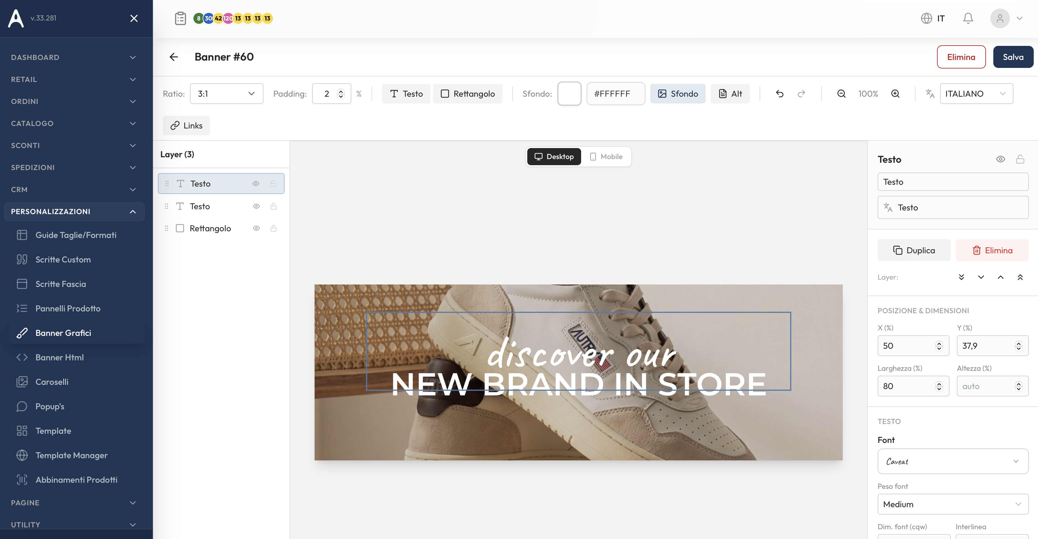 Designer banner con canvas, layers e properties panel