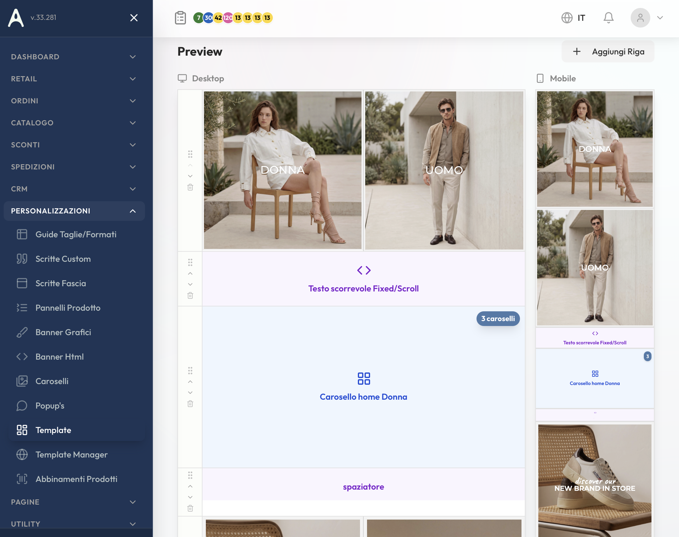 Editor template homepage a linee con banner caroselli html
