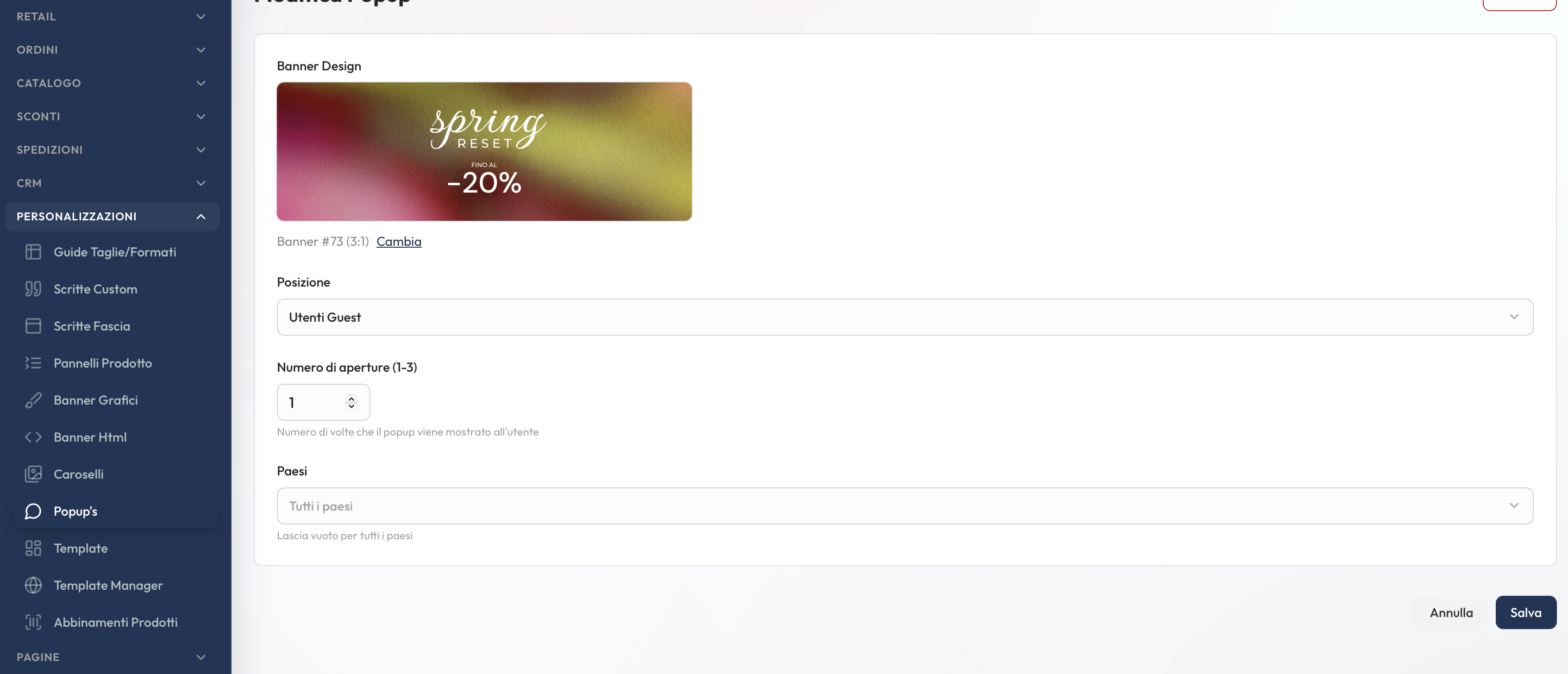 Configurazione popup da banner design