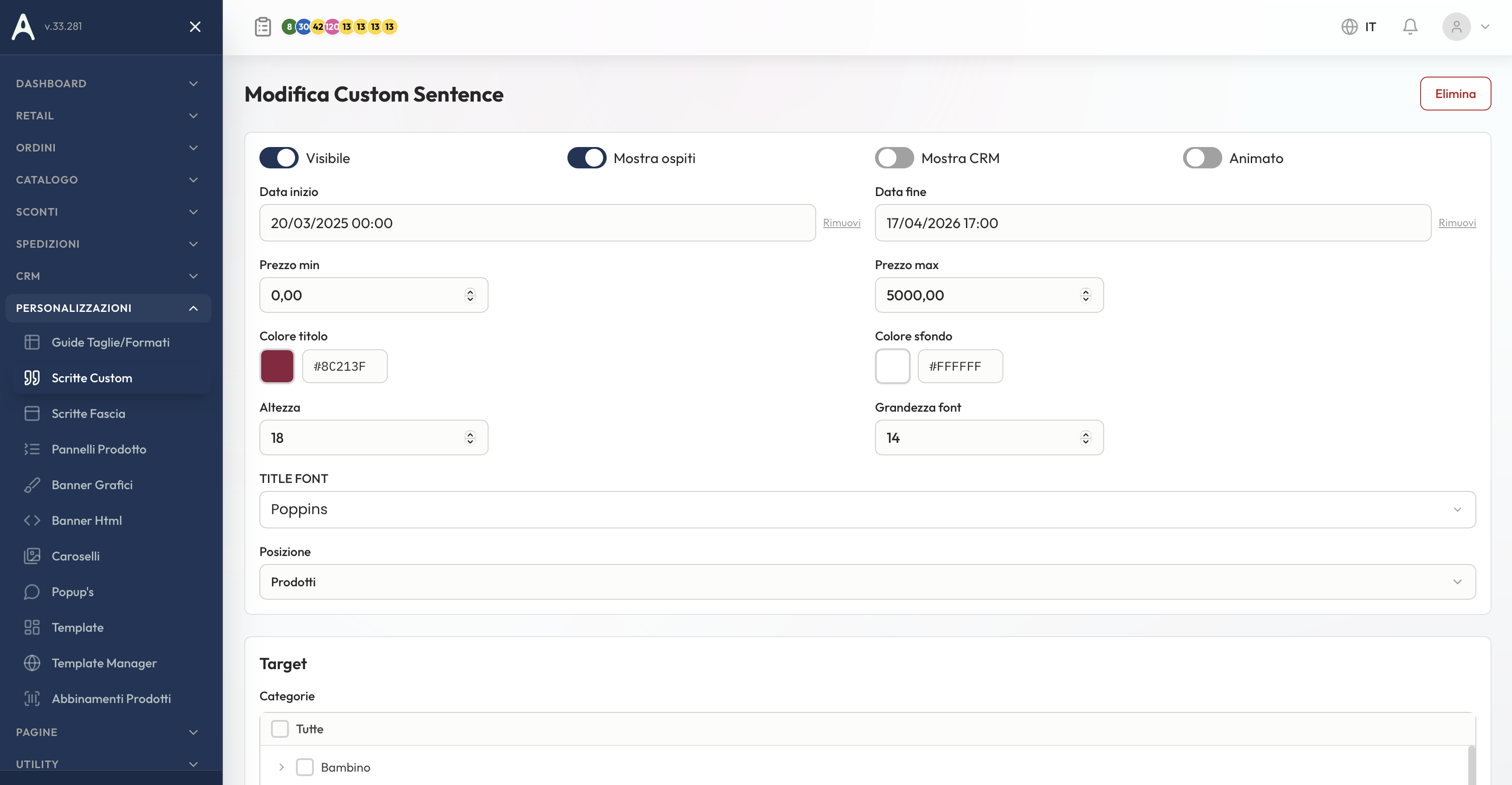 Custom sentences con target prezzi e placeholder loyalty
