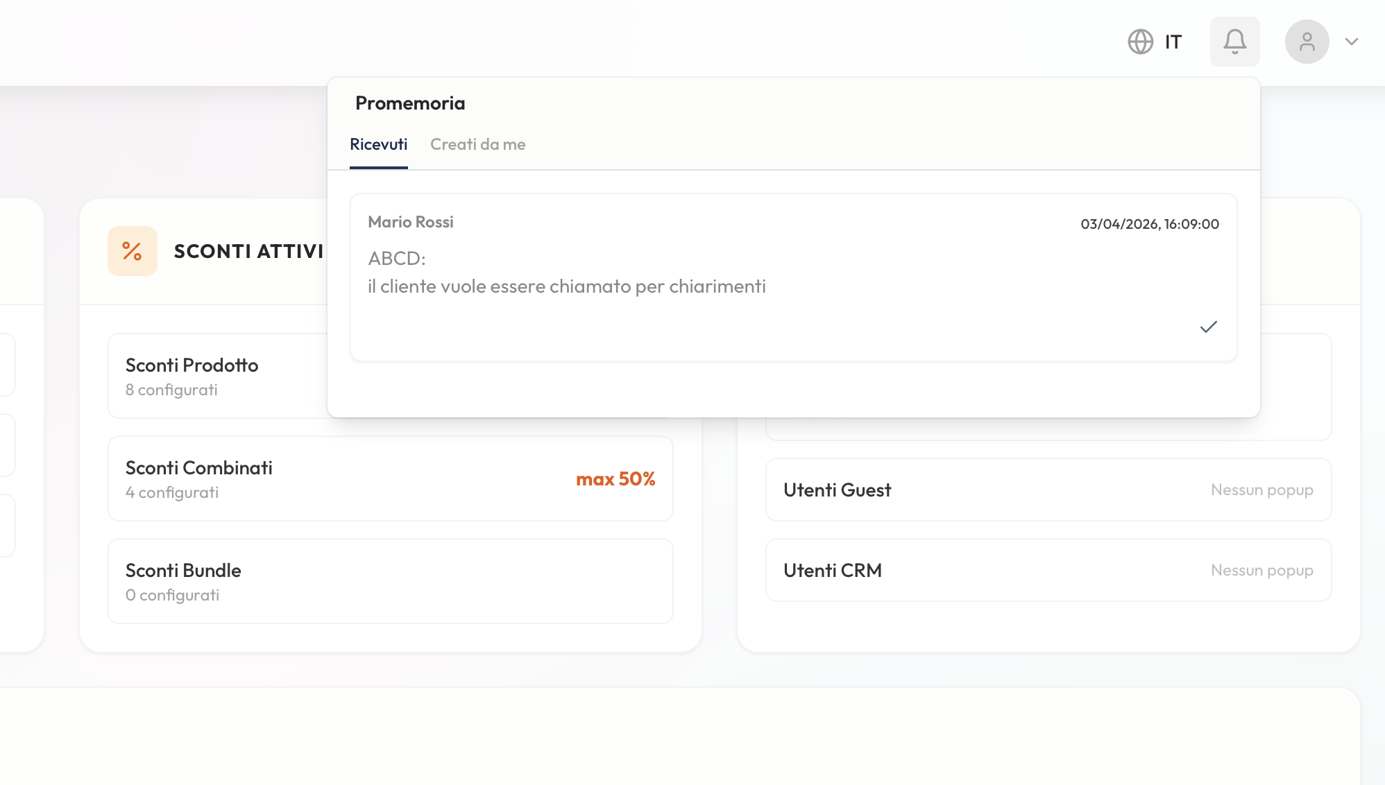 Reminder interni tra utenti admin con data, destinatario e stato di lettura