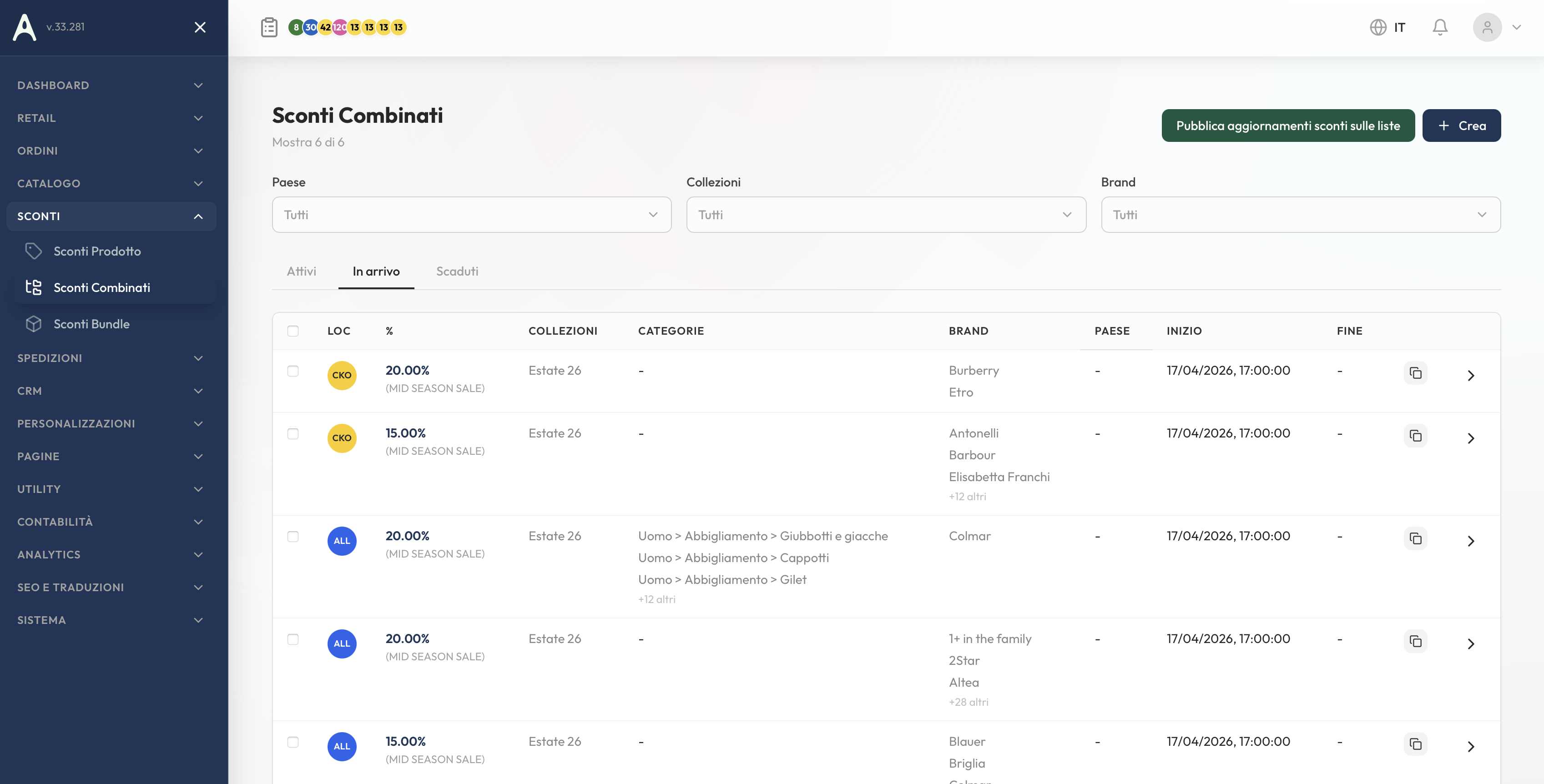 Form sconto combinato su categorie, brand, collezioni