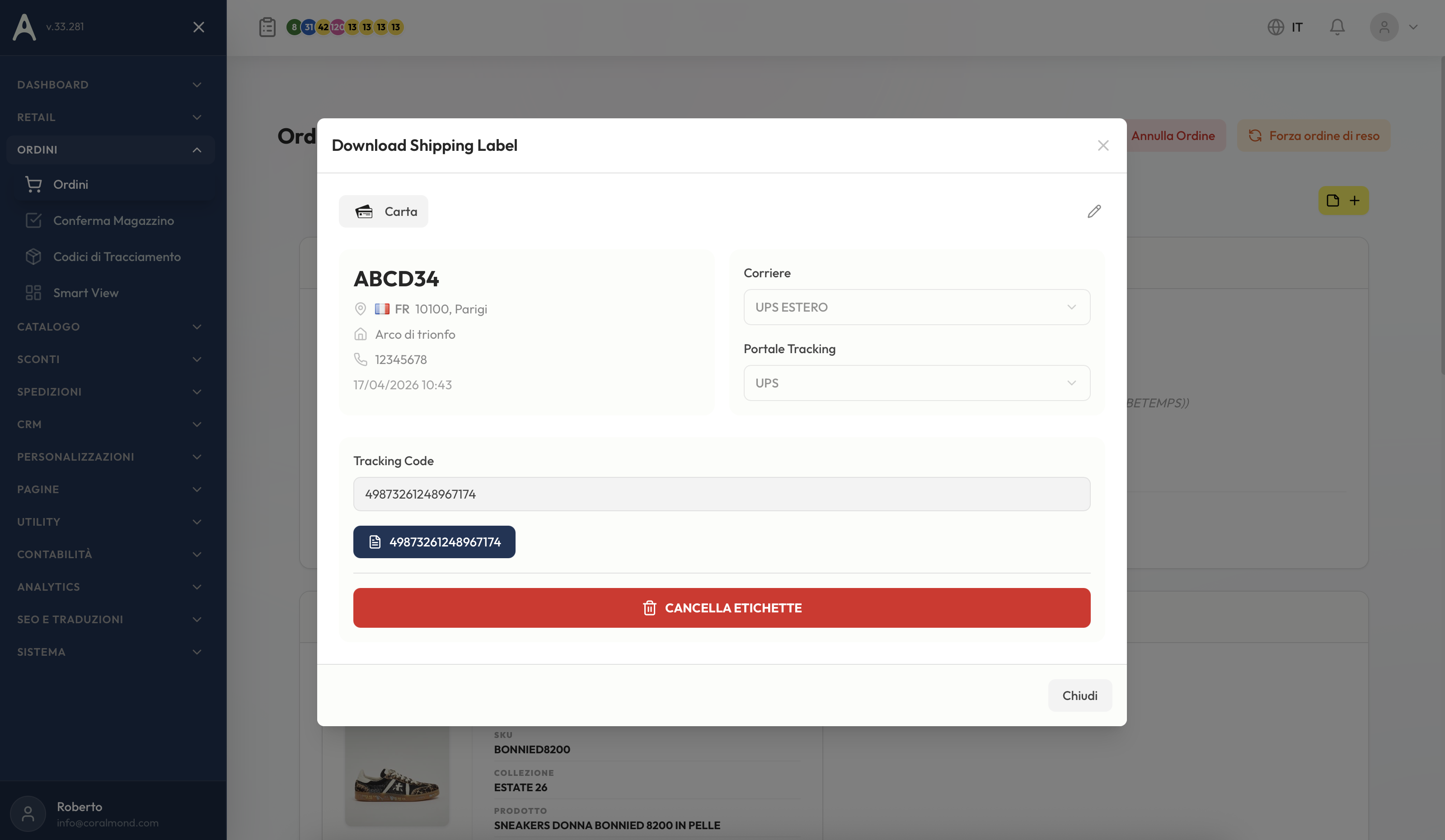 Dettaglio ordine: header con azioni, post-it, cliente, prodotti, riepilogo, storia, conversioni