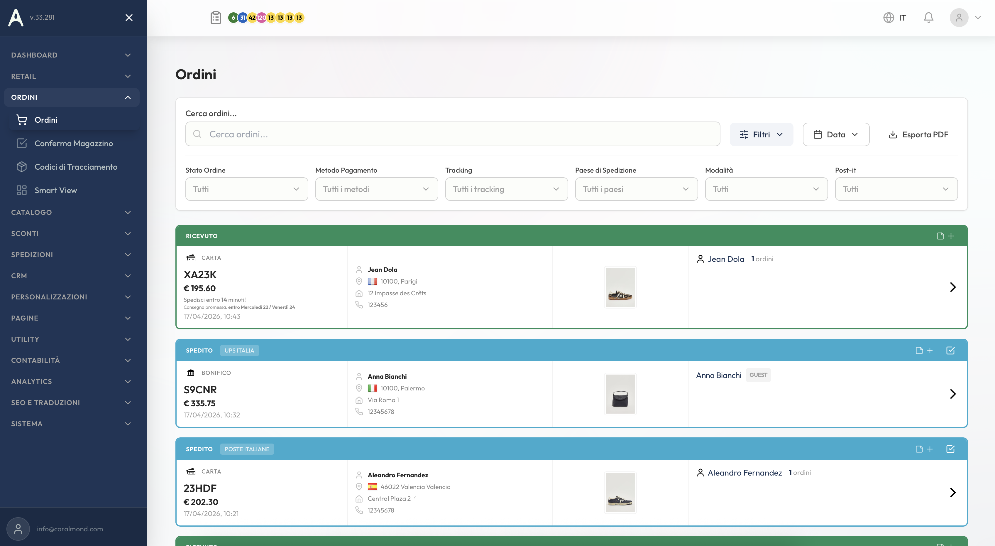 Lista ordini con filtri, post-it collaborativi, anteprima prodotti e export PDF