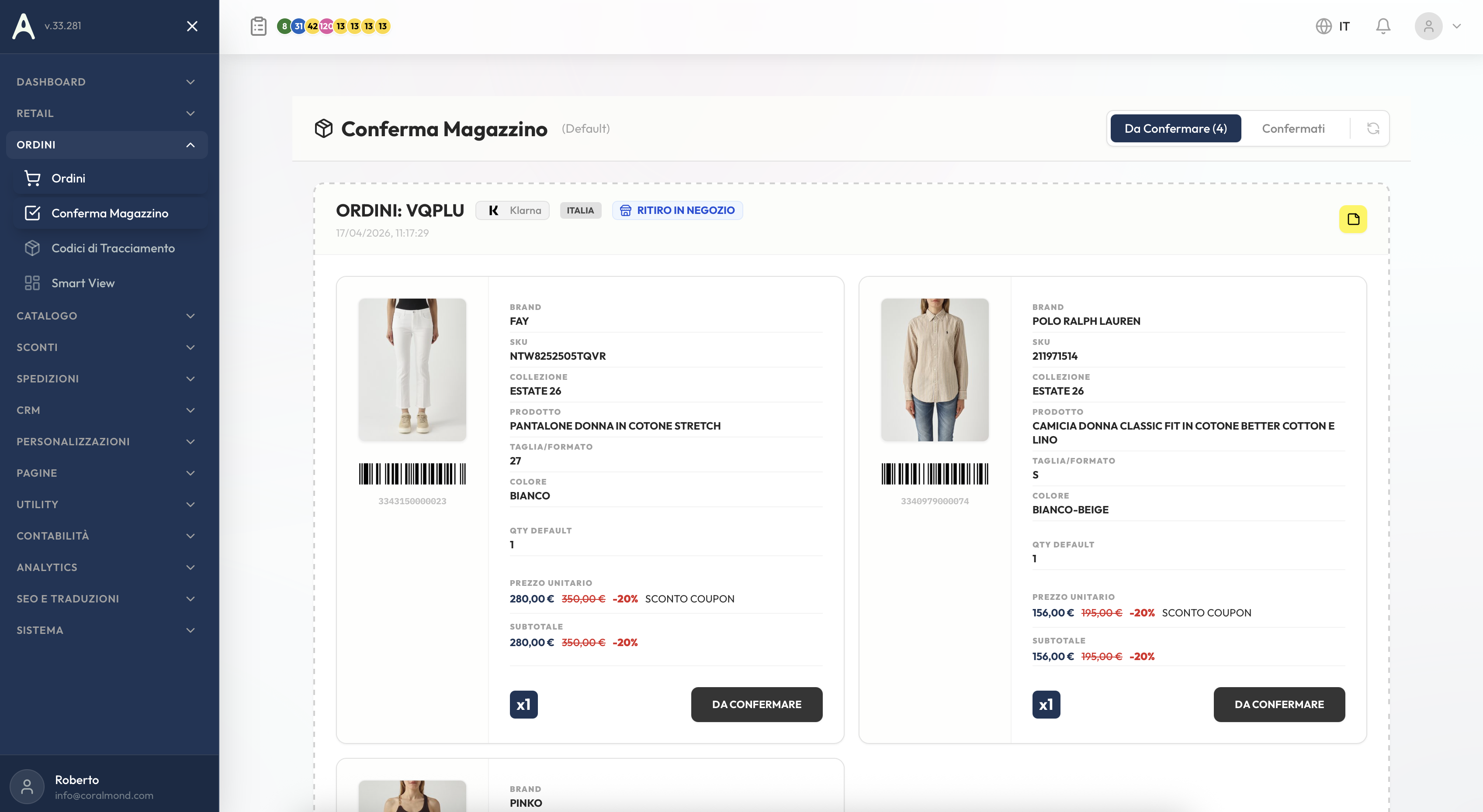 Conferma magazzino per articoli da confermare con fornitori multi-supplier e anteprime