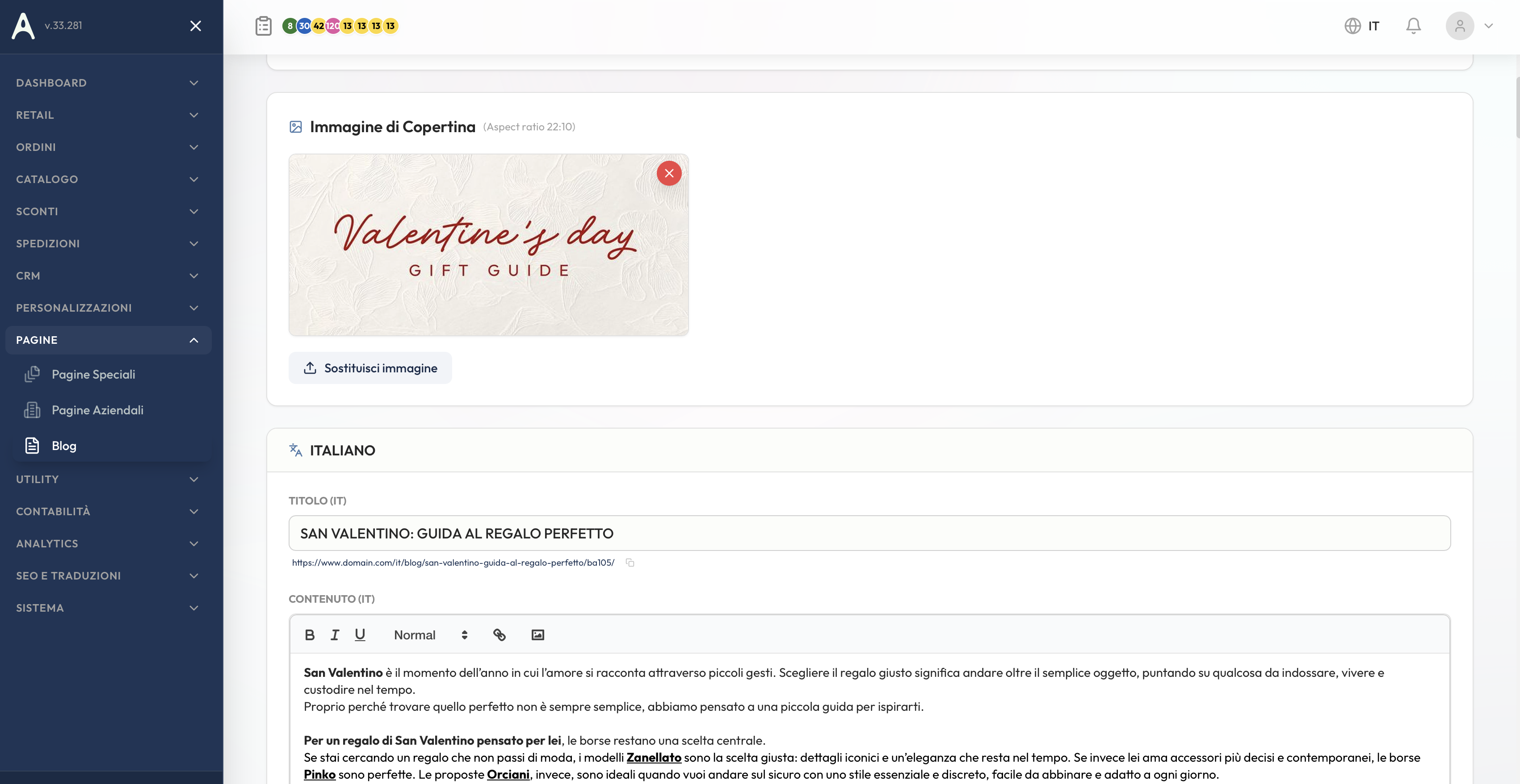 Editor articolo blog con immagine di copertina e rich text