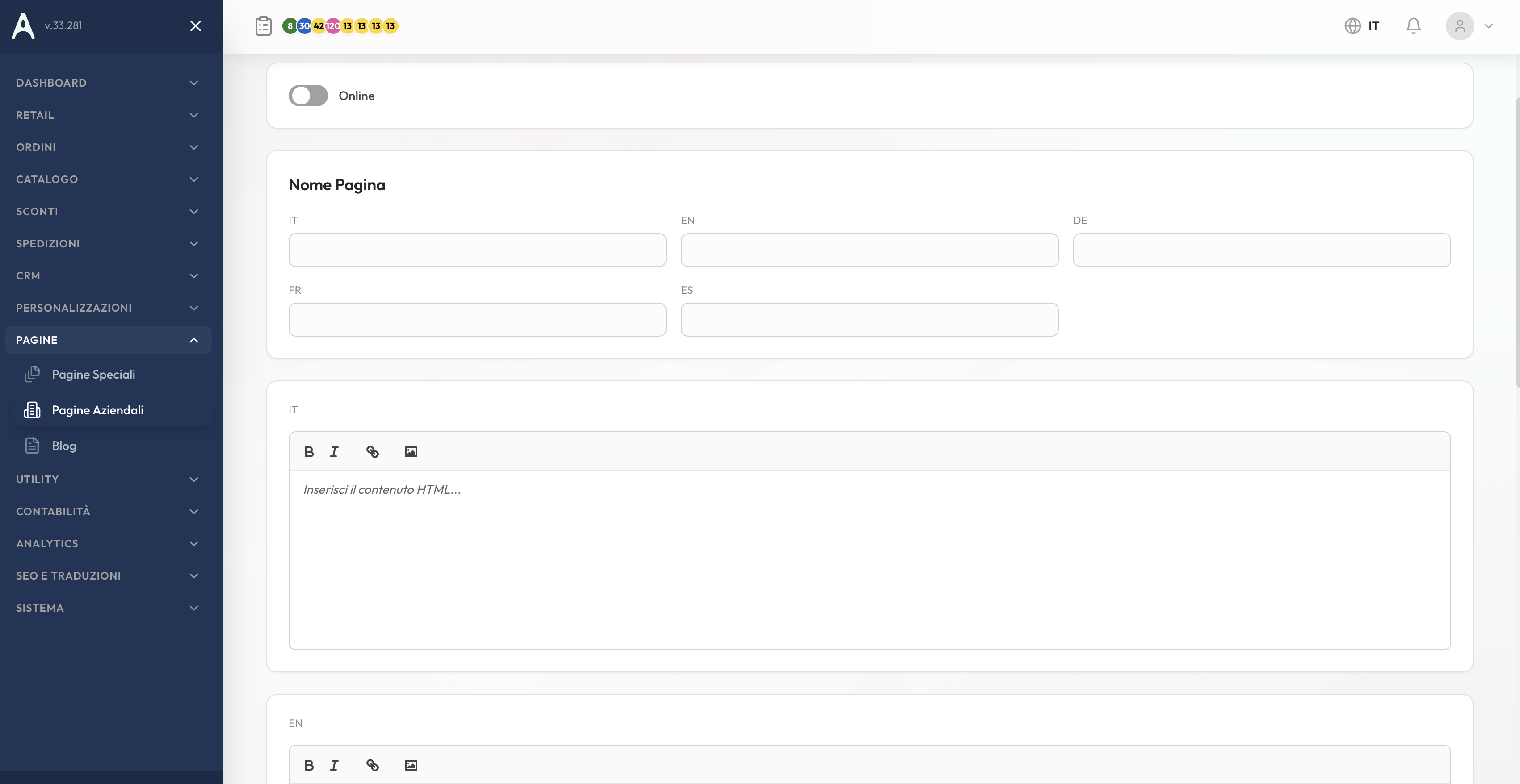Pagine aziendali con rich text editor e URL pubblico