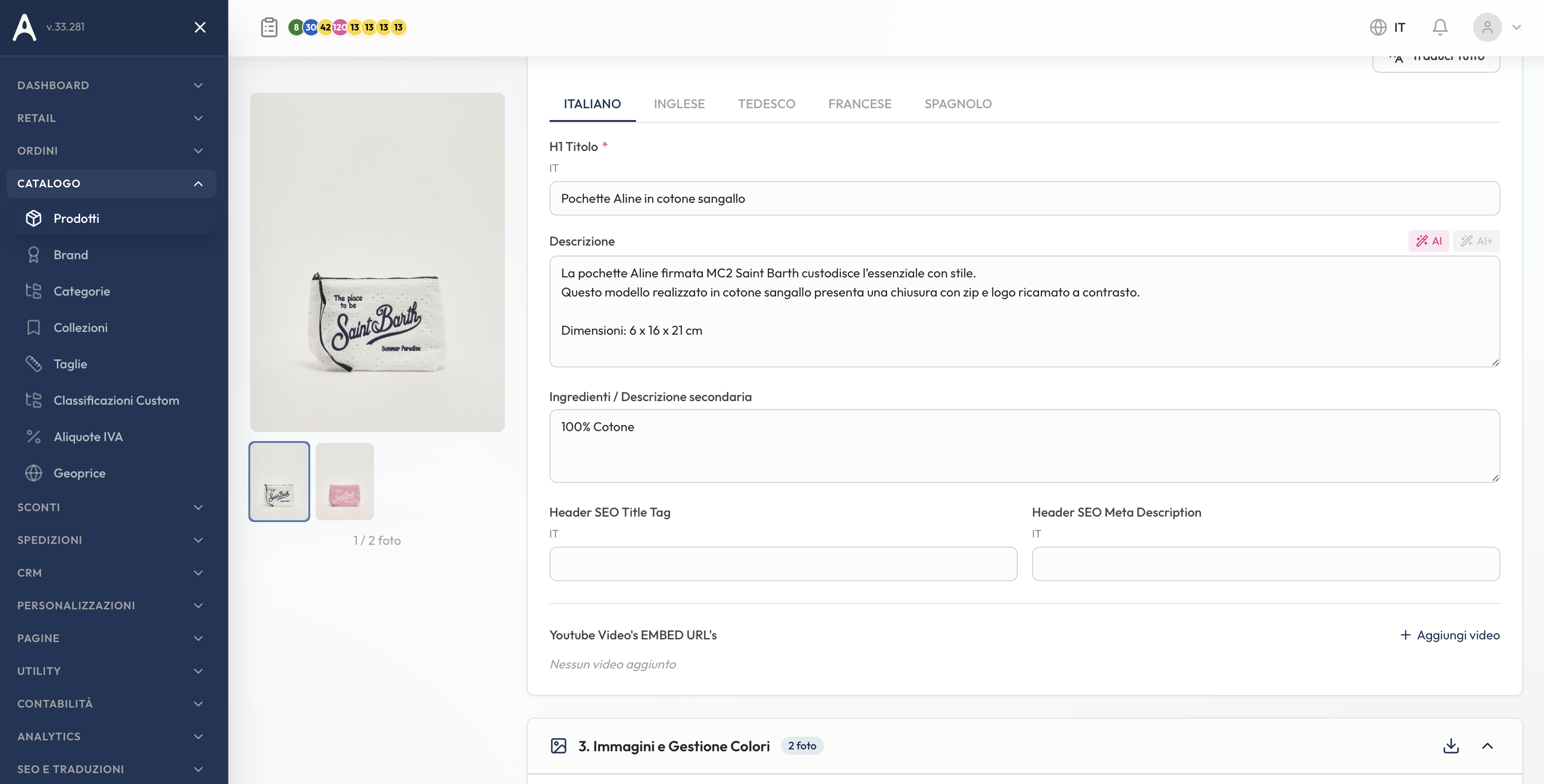 Editor traduzioni prodotto multi-lingua con pulsante traduzione AI