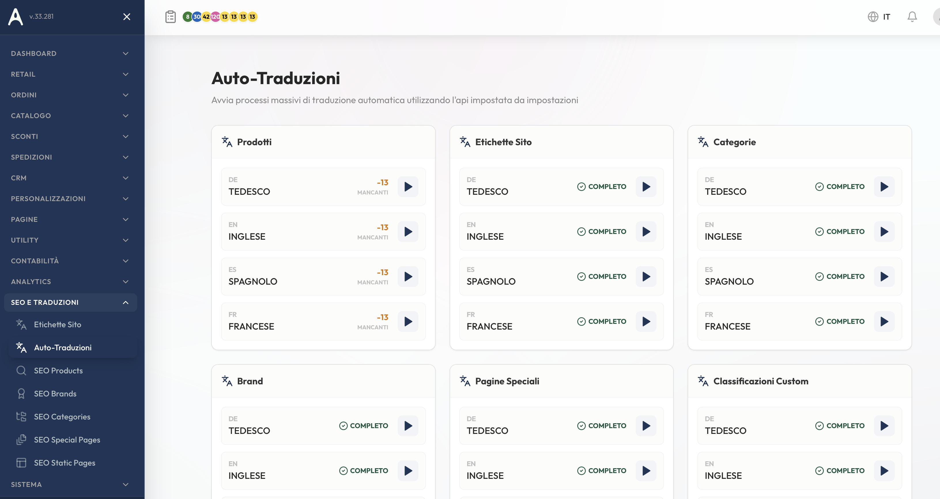Auto-traduzioni batch con conteggio missing per entità e lingua