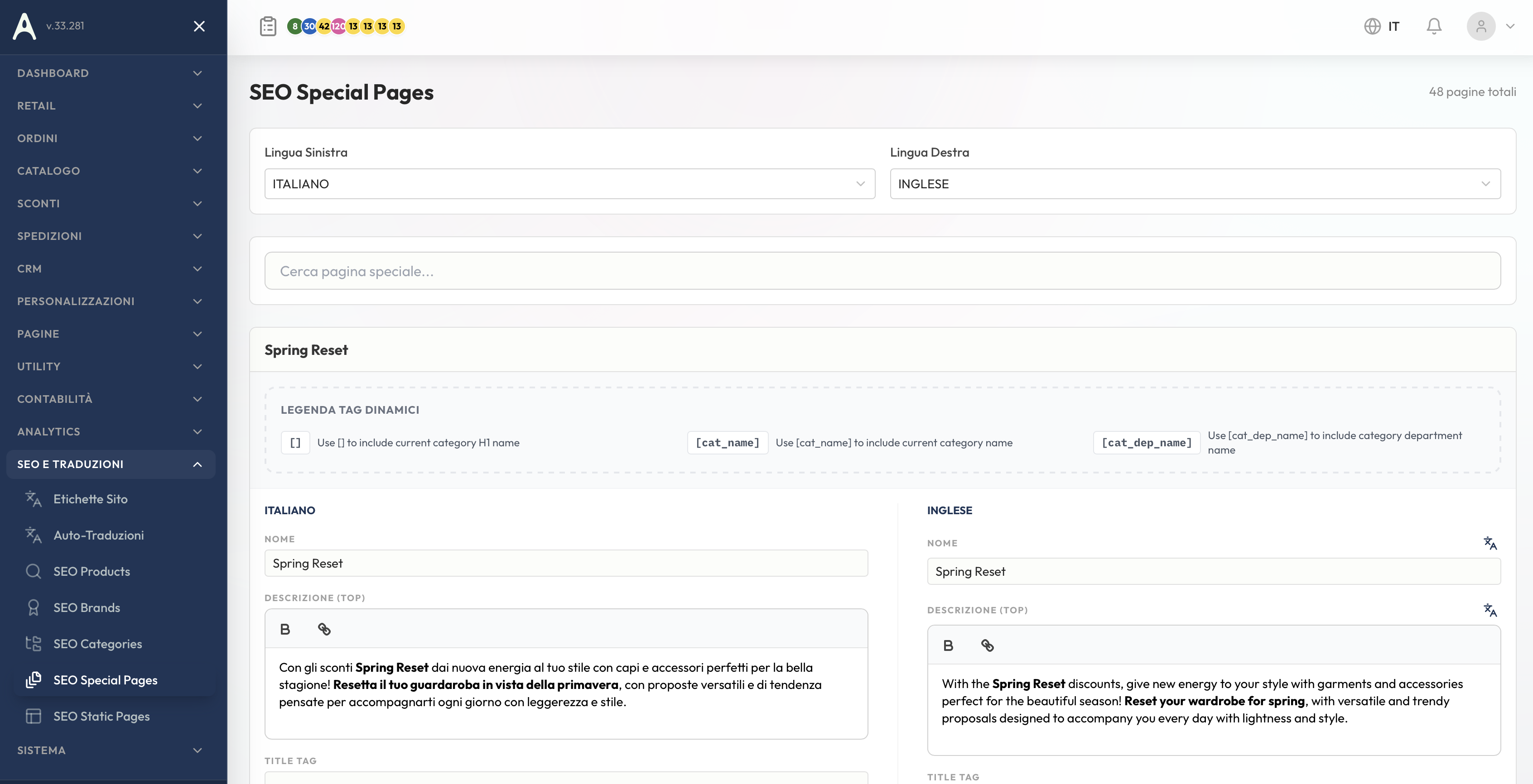 SEO pagine speciali e statiche con campi meta e H1 per lingua