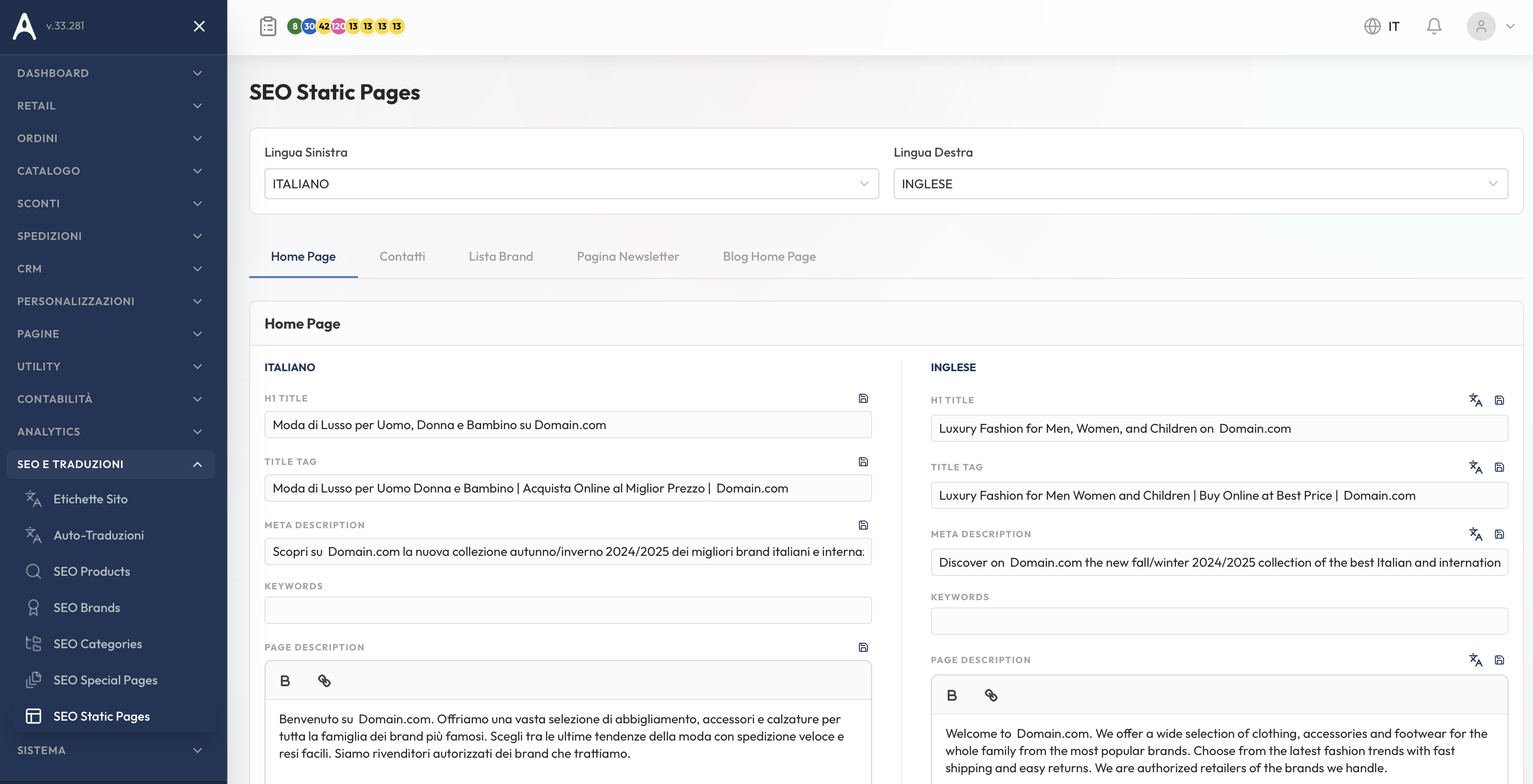 SEO pagine speciali e statiche con campi meta e H1 per lingua