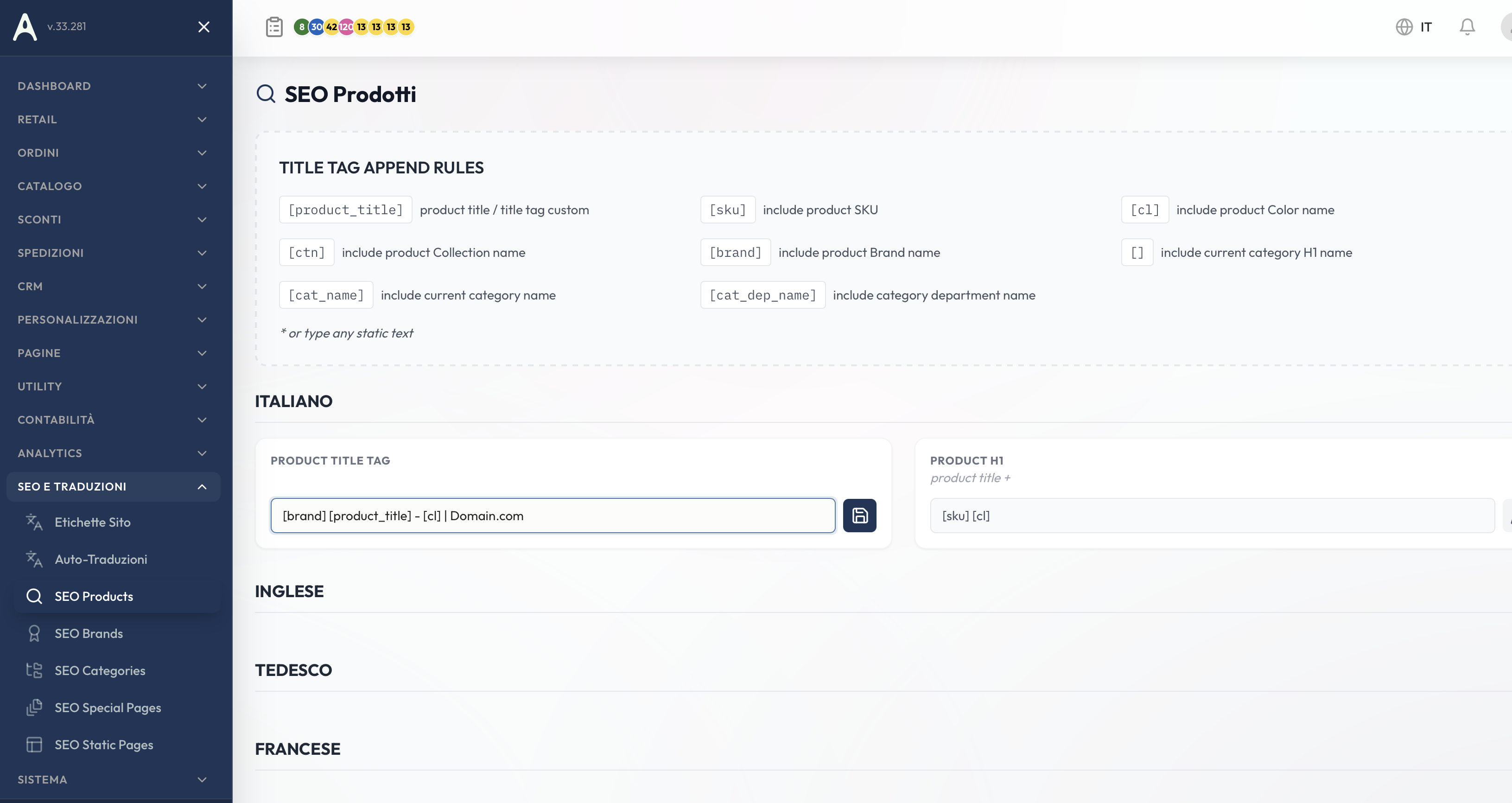 Regole SEO prodotti con placeholder dinamici per title e H1