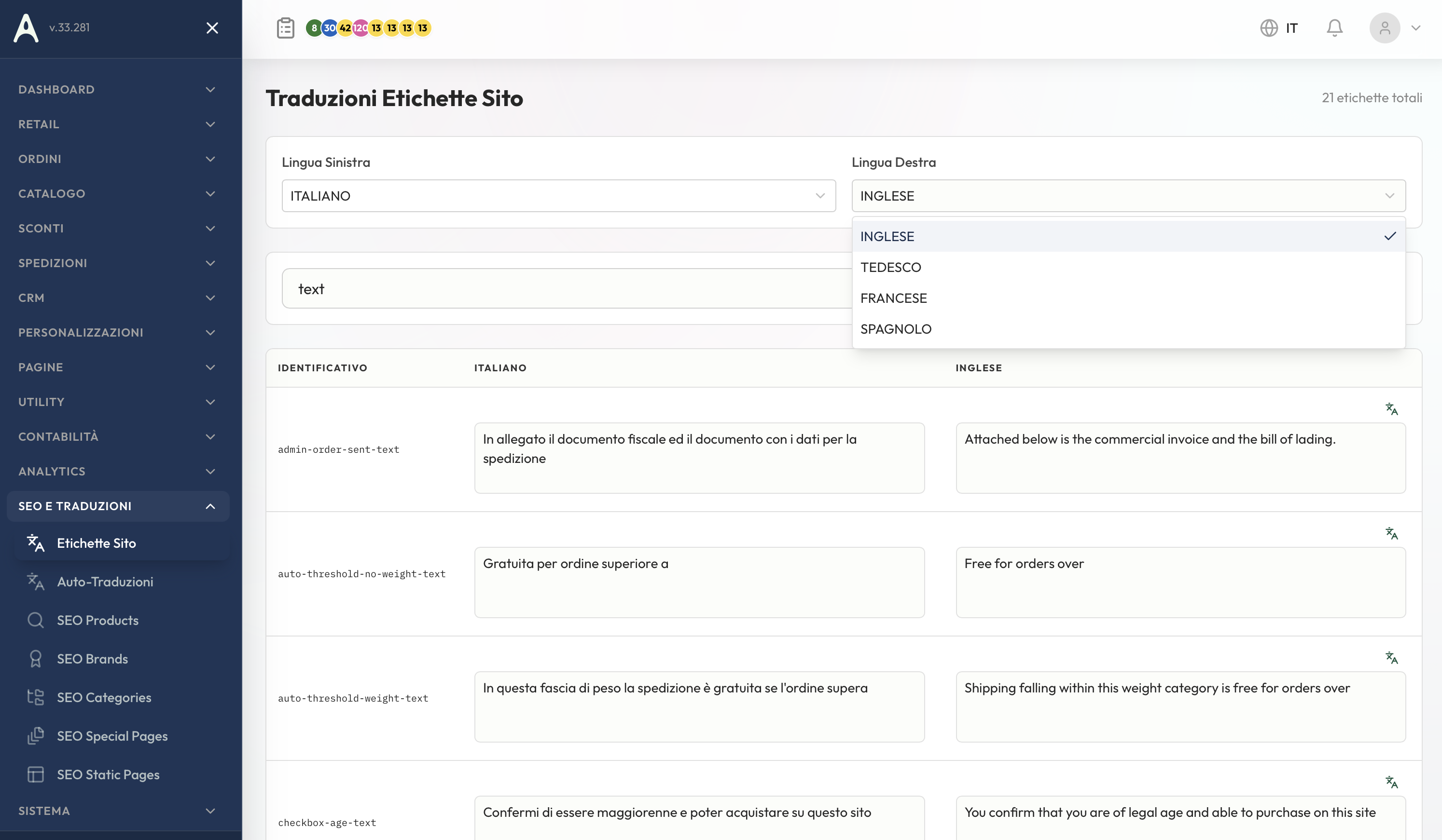 Tabella etichette sito con lingua sinistra/destra e traduzione AI