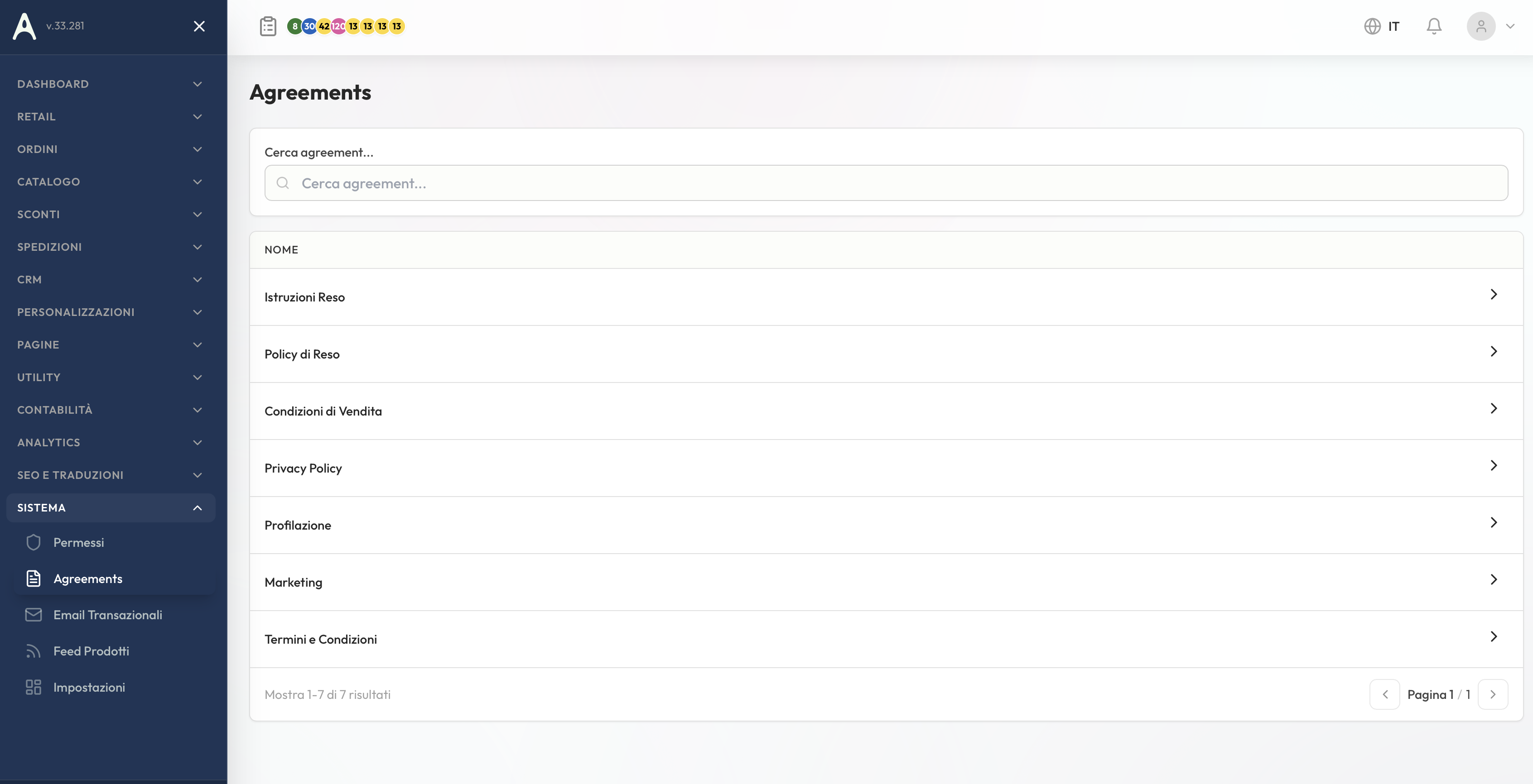 Form informativa legale con traduzioni multilingua e configurazione posizioni