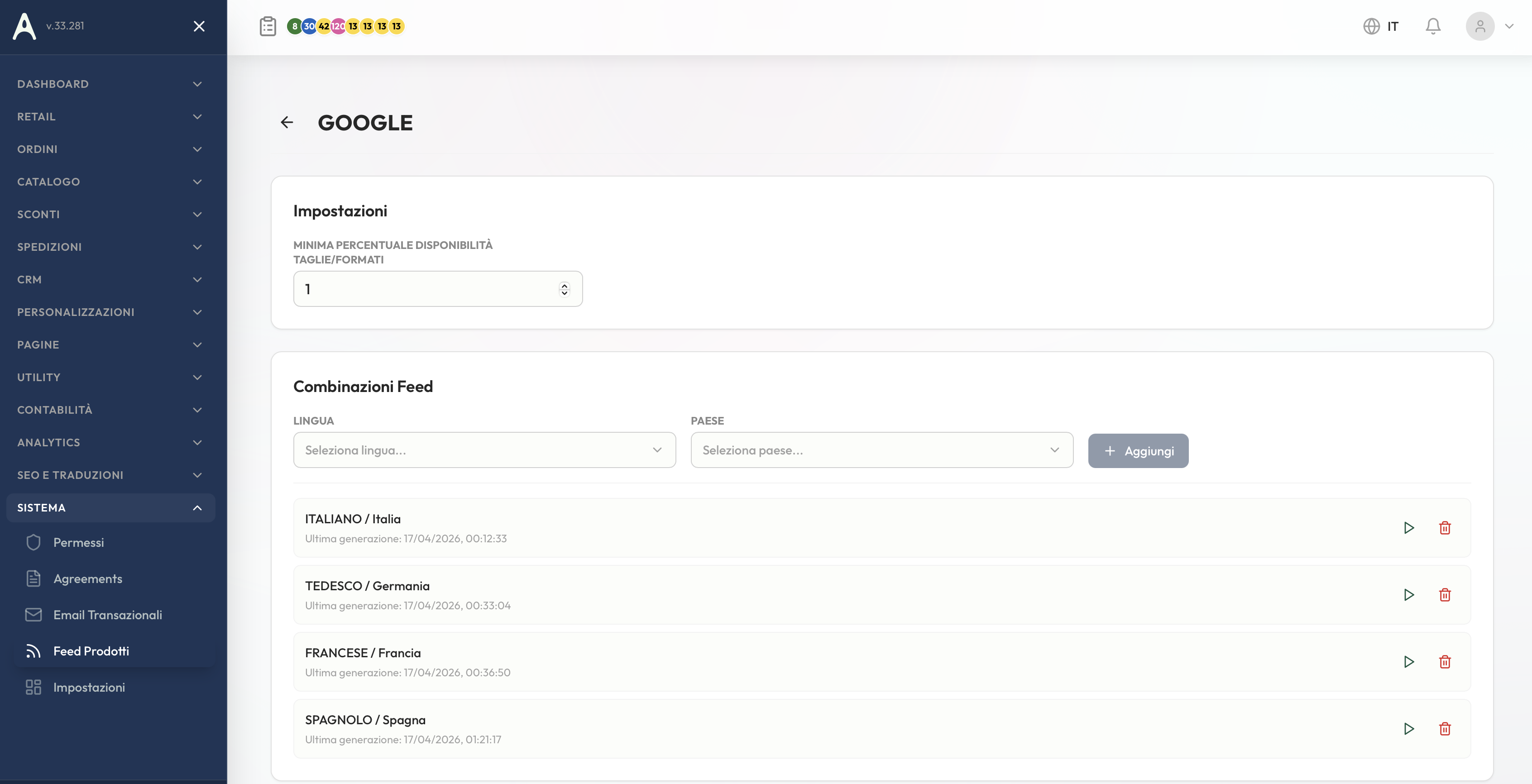 Feed prodotto con combinazioni lingua x paese e trigger rigenerazione