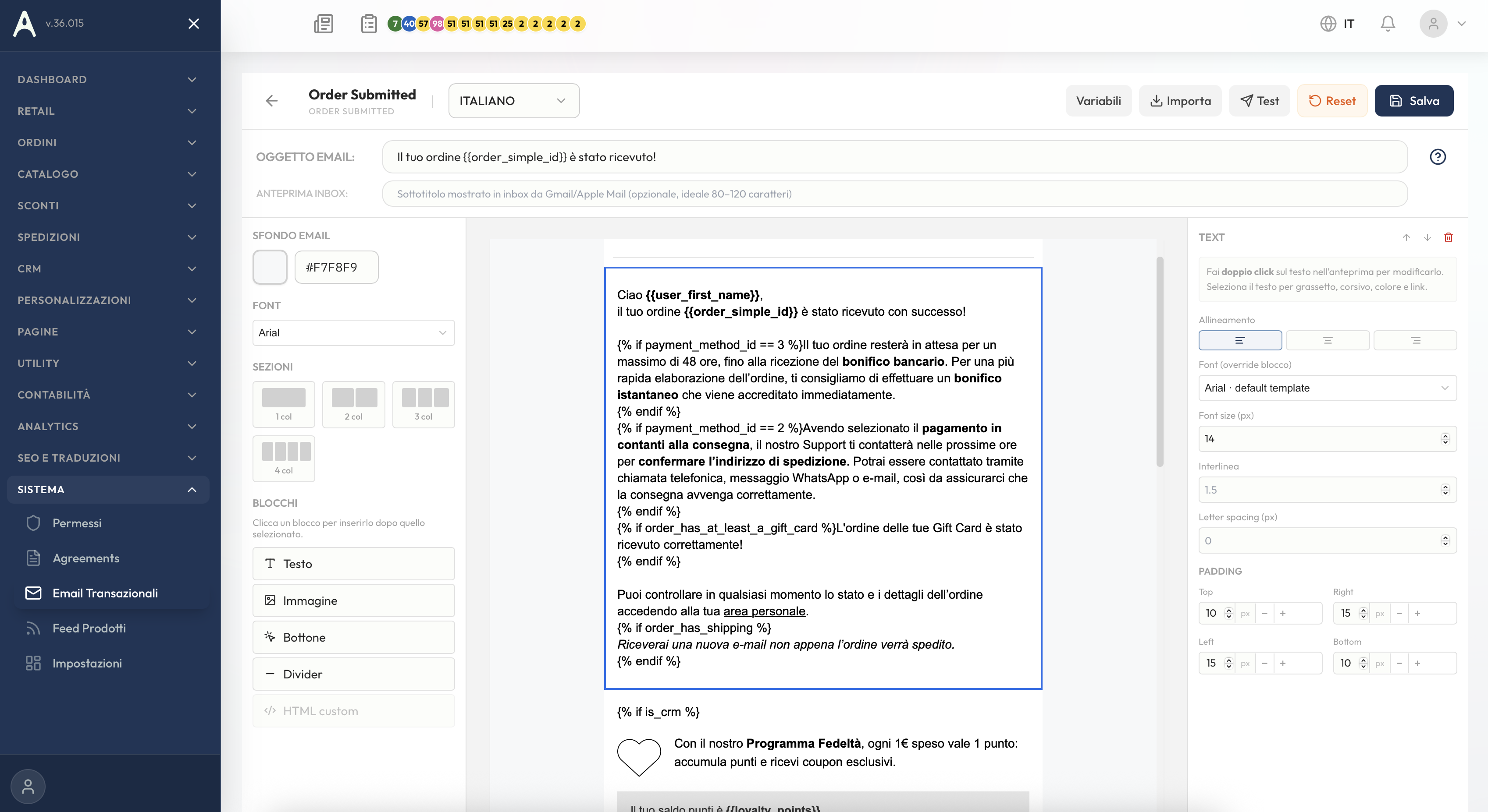 Editor per email transazionali con test e import da altra lingua