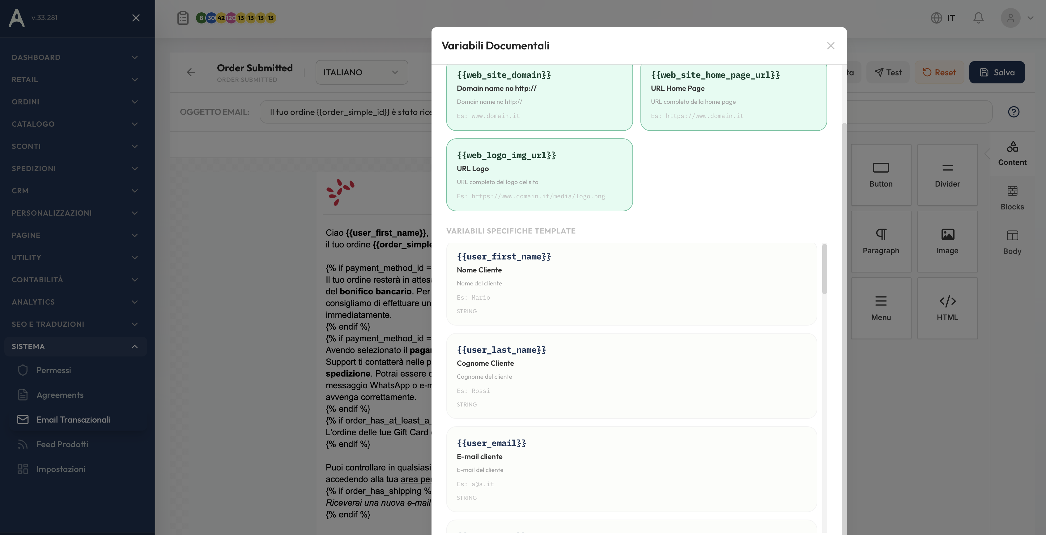 Editor per email transazionali con test e import da altra lingua