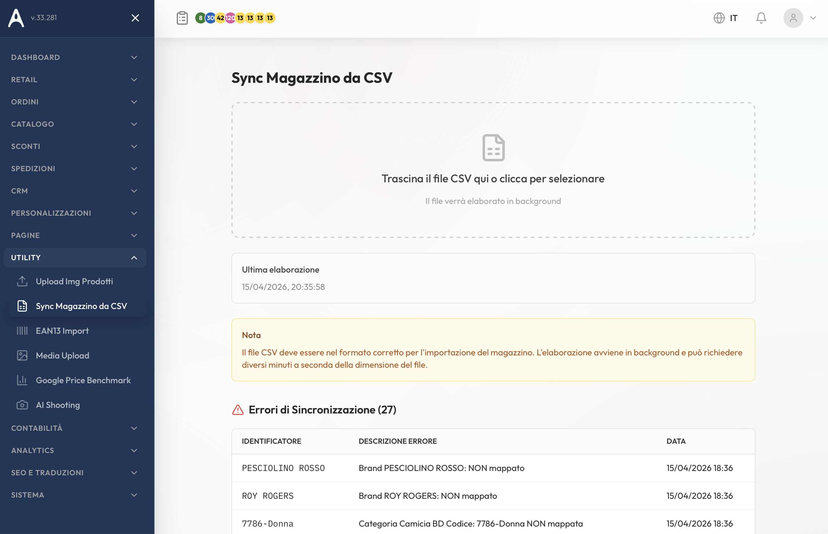 Sync magazzino da CSV con polling stato e log errori