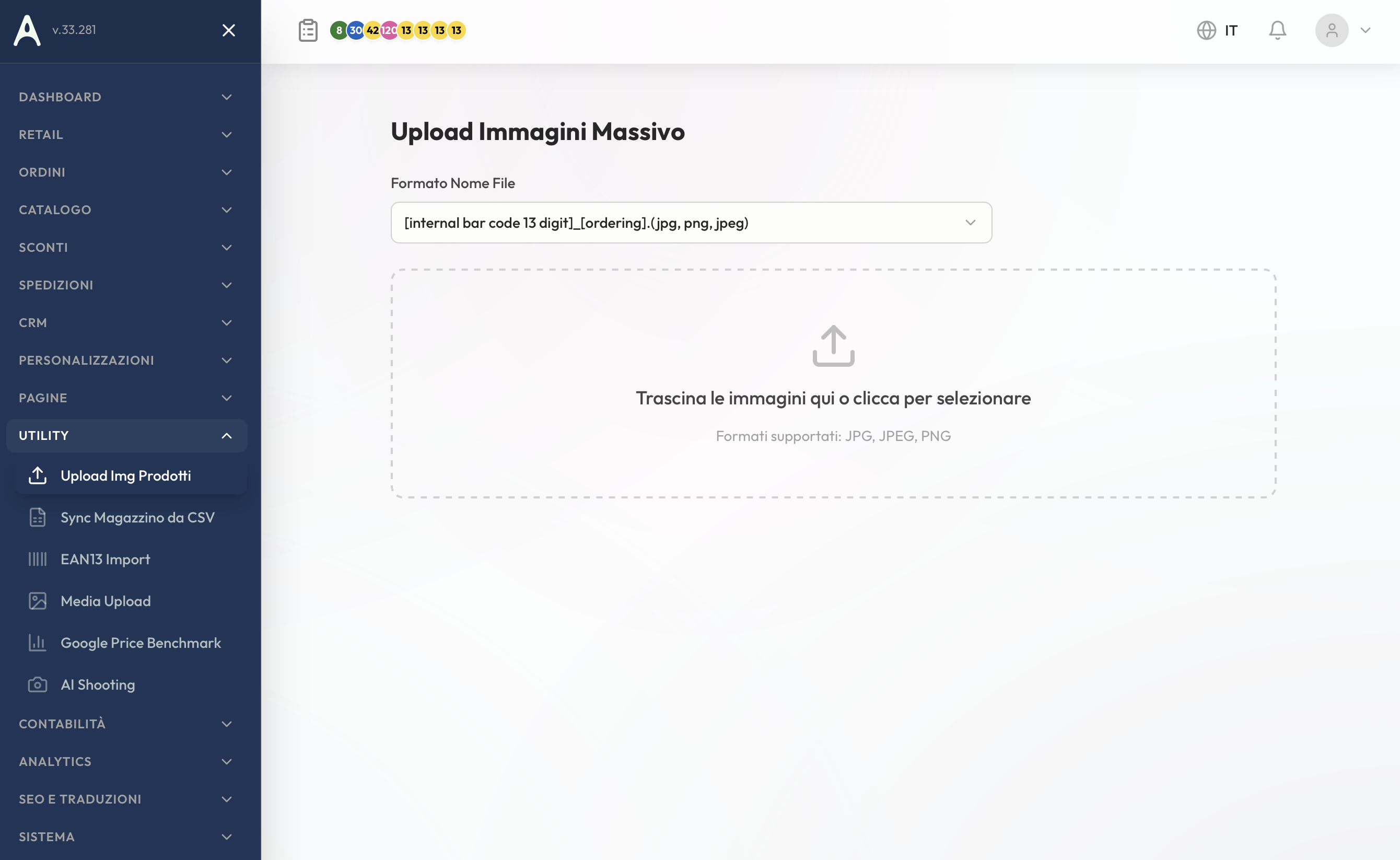 Upload massivo immagini con drag&drop e matching automatico